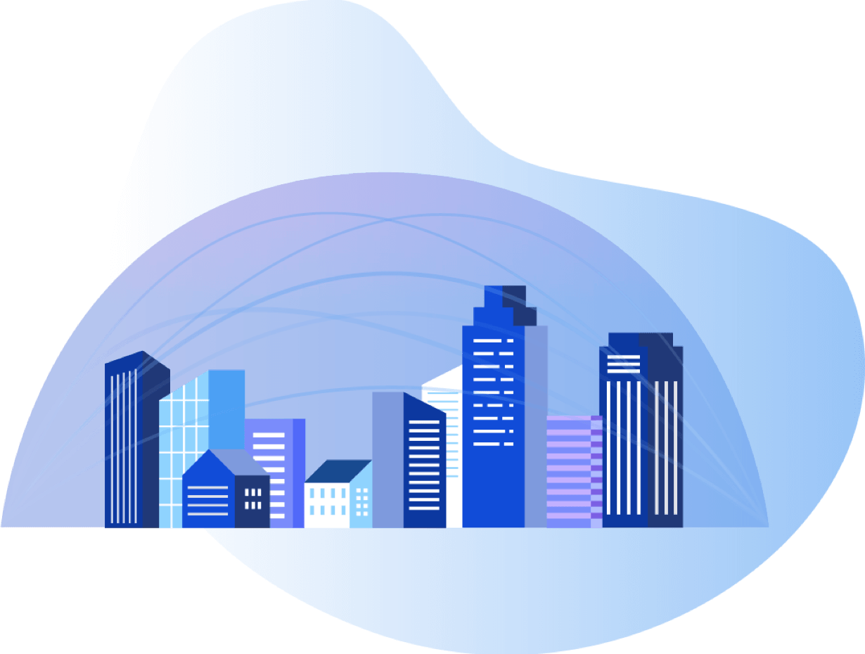 Cityscape with blue semicircle dome around it.