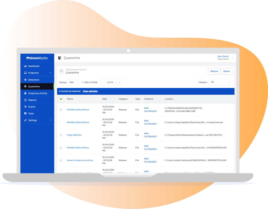 Malwarebytes dashboard displaying records for quarantine
