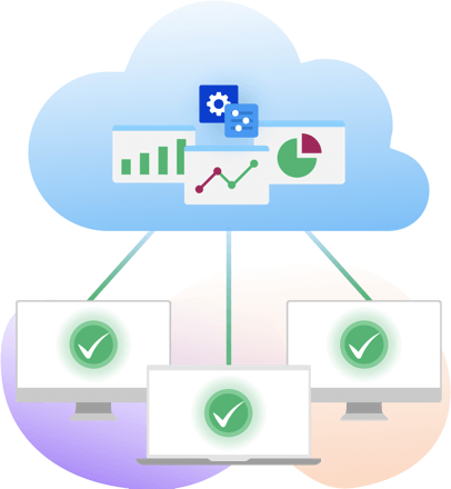 Dashboards and metrics inside a cloud displayed above 2 desktop computers and 1 laptop with green healthy checkmarks.