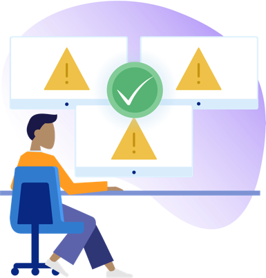 It admin looking at three monitors covered with yellow alerts, with a green checkmark fixing the damage.