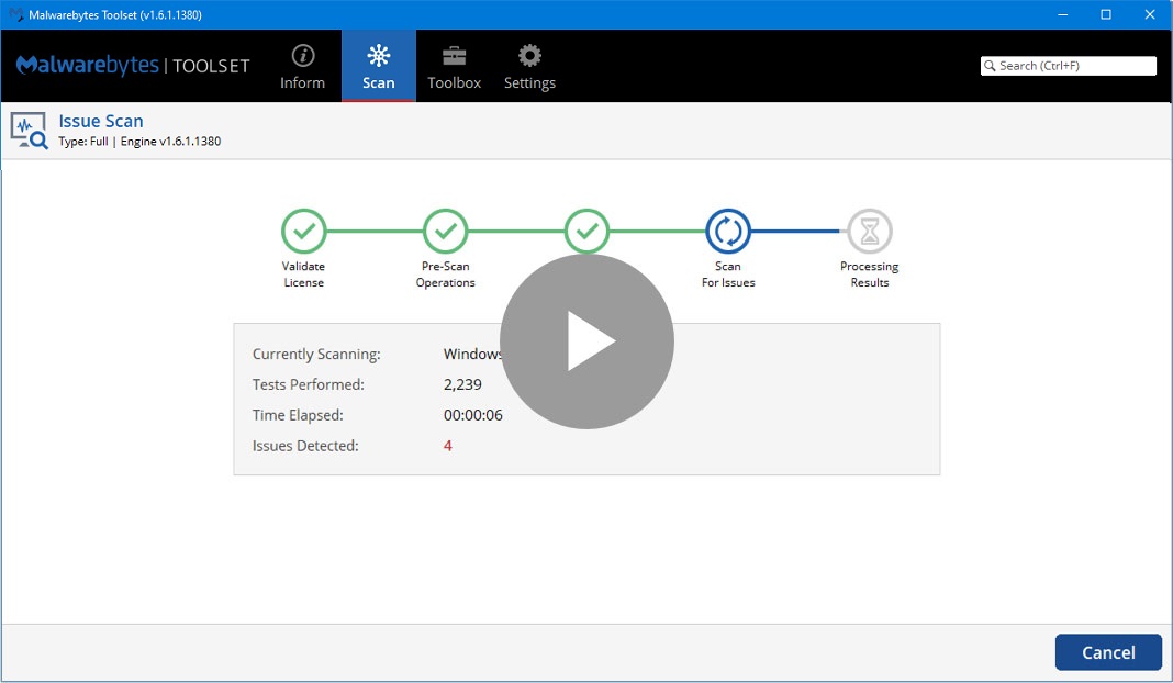 The Malwarebytes Toolset issue scan screen