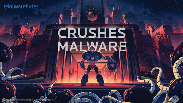 Robot in front of buildings holding a defeated malware ready to crush more oncoming malware with 