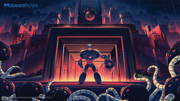 Robot in front of buildings holding a defeated malware ready to crush more oncoming malware without words behind it