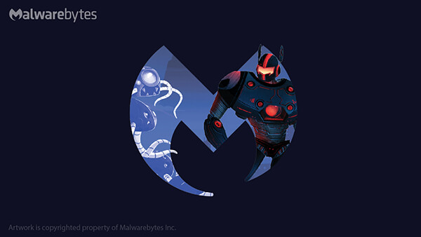 Malwarebytes logo with robot standing inside to the right staring down malware on the left