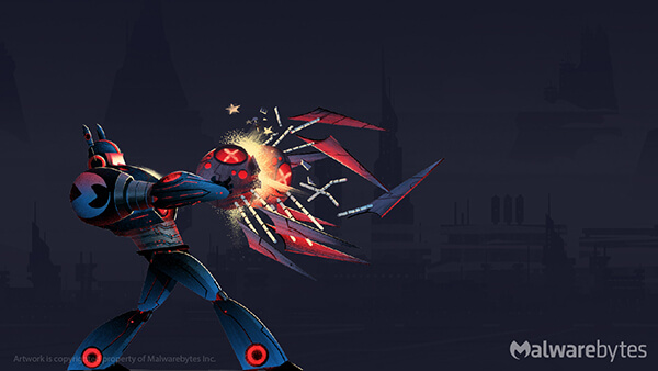 Robot crushing two malware together with its hands (unmuted version)