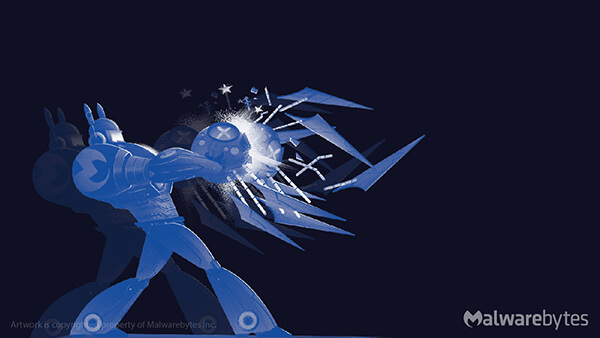 Robot crushing two malware together with its hands (muted version)