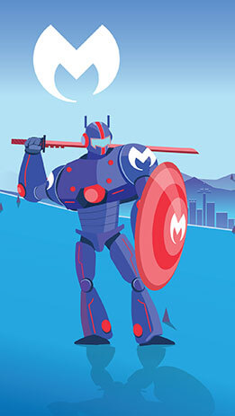 Robot holding katana and shield on a field with mountains, cityscape, and Malwarebytes logo in the background
