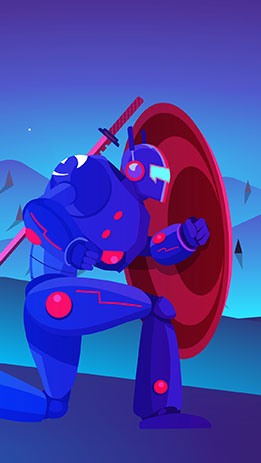 Robot kneeling on one knee while holding a shield in front of it with a katana on its back