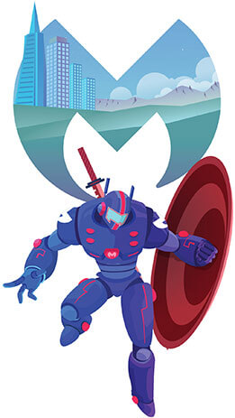 Robot leaping on the right of a Malwarebytes logo holding a shield on its side and katana on its back