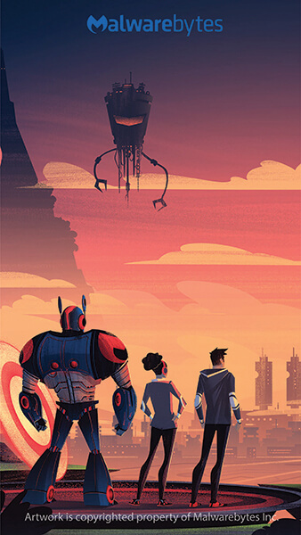 Robot in front of buildings holding a defeated malware ready to crush more oncoming malware without words behind it