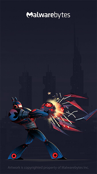 Malwarebytes logo with robot standing inside to the right staring down malware on the left